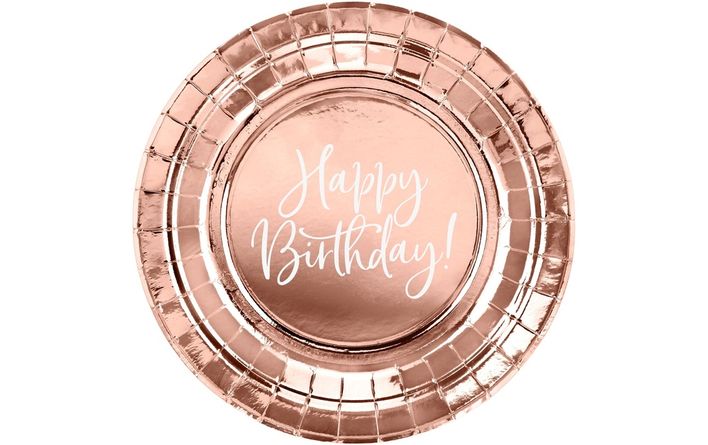 Partydeco Assiettes jetables Happy Birthday 18 cm, 6 Pièce/s, Or rose