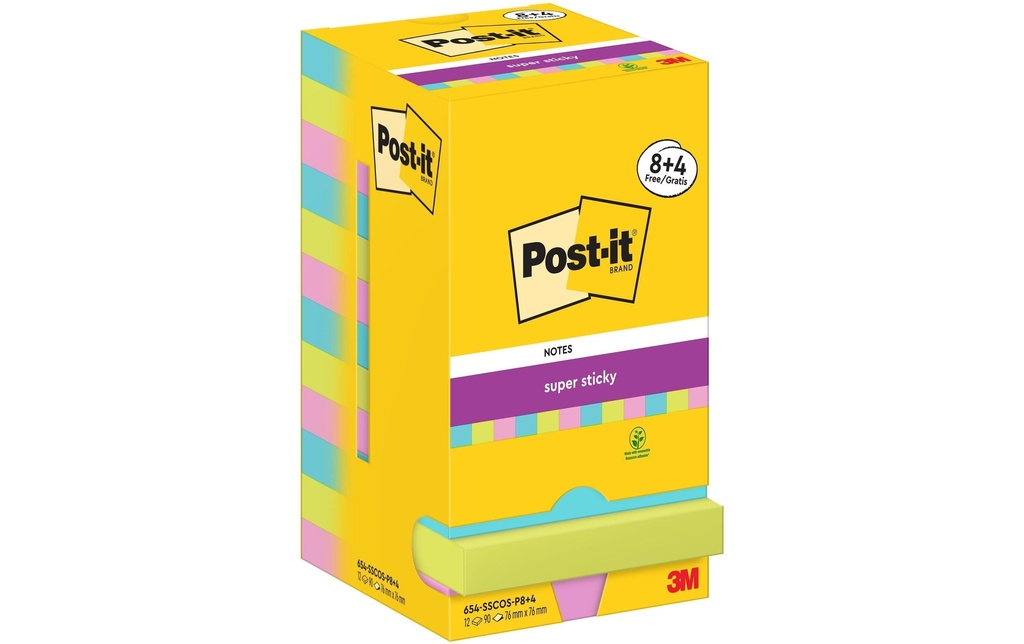 Post-it Fiche de bloc-notes Super Sticky 76 x 76 mm, Cosmic, 12 blocs