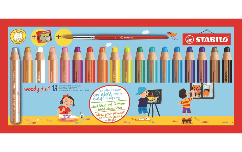 STABILO Crayon de couleur WOODY 3en1 (18 pces)