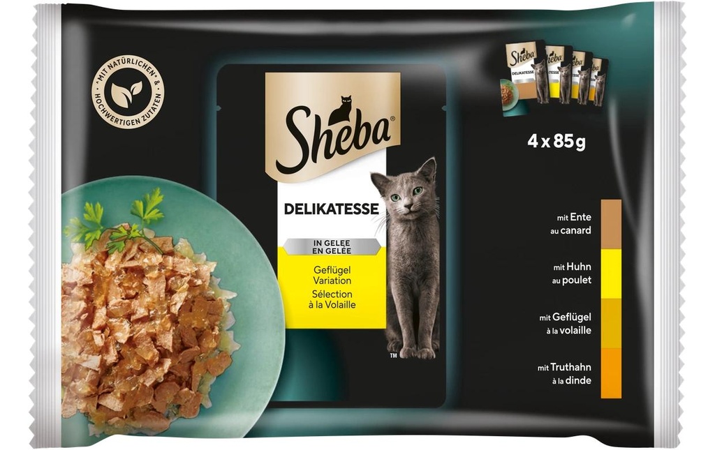 Sheba Alimentation humide Délicieuse variation de gelée de volaille, 4 x 85g