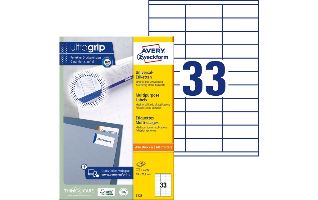 Avery Zweckform Étiquettes universelles 3421 70 x 25.4 mm, 100 feuille