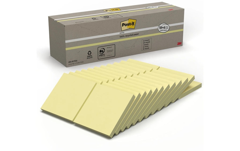 Post-it Fiche de bloc-notes Post-it Recycling Jaune, 7,6 cm x 7,6 cm