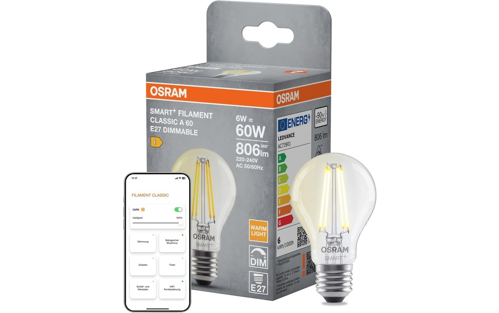 OSRAM Ampoules SMART+ WiFi Classic, E27, 2700 K, filament clair