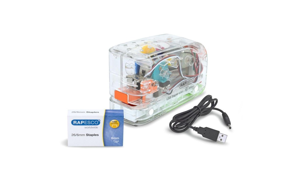 Rapesco Agrafeuse électrique 626EL USB/Batterie, transparent