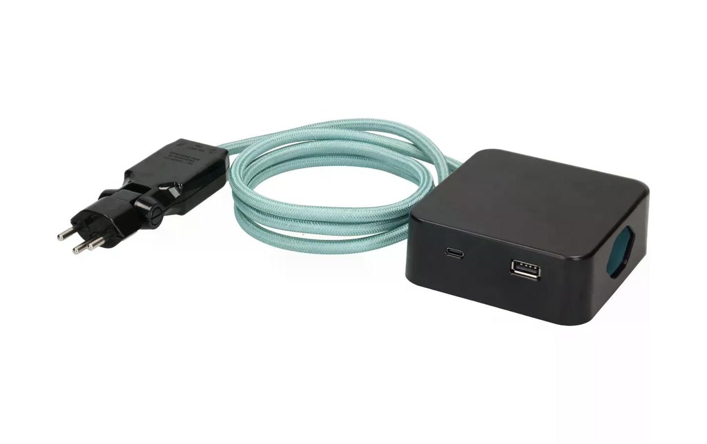 maxTex Bloc multiprises Cube 3x T13, USB A/C, noir/turquoise