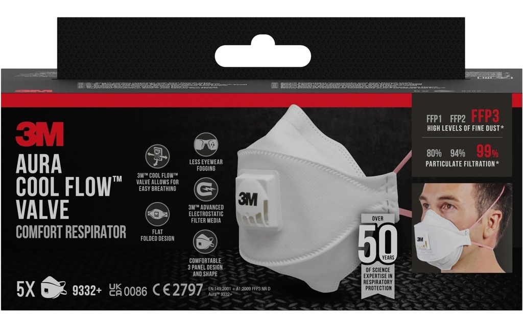 3M Masque de protection respiratoire Aura 9332+ FFP3, 5 pièces