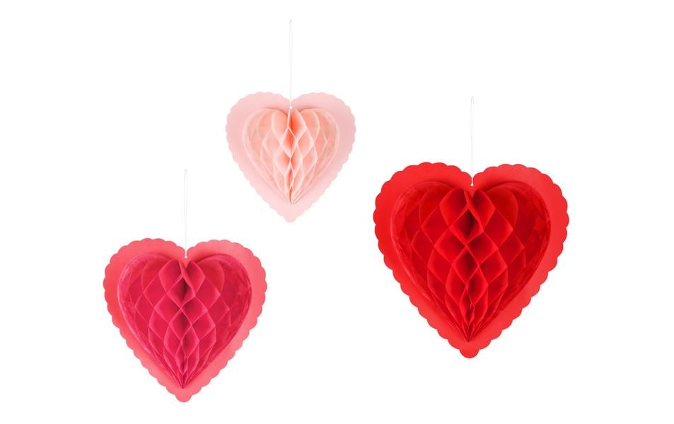 Partydeco Décoration du papier Cœurs en nid d'abeille, Rouge, 20-30 cm, 3 pièces