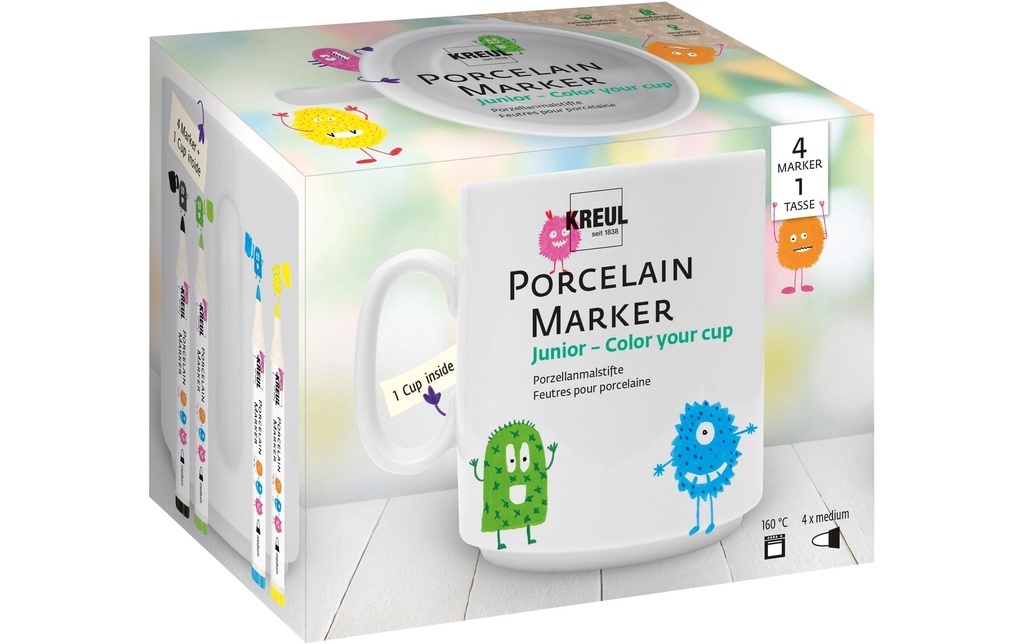 Kreul Peinture porcelaine Marqueur Junior Set 4 marqueurs, 1 tasse en porcelaine