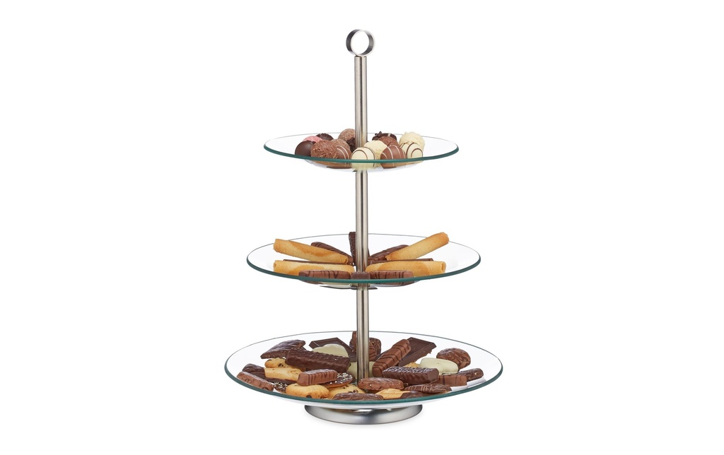 relaxdays Plat de présentation étagé rond, 3 niveaux, Transparent/Argenté