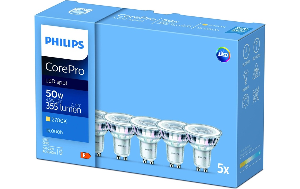 Philips Professional Lampe CorePro LEDspot 4.6-50W GU10 827 36D Cinq pièces.