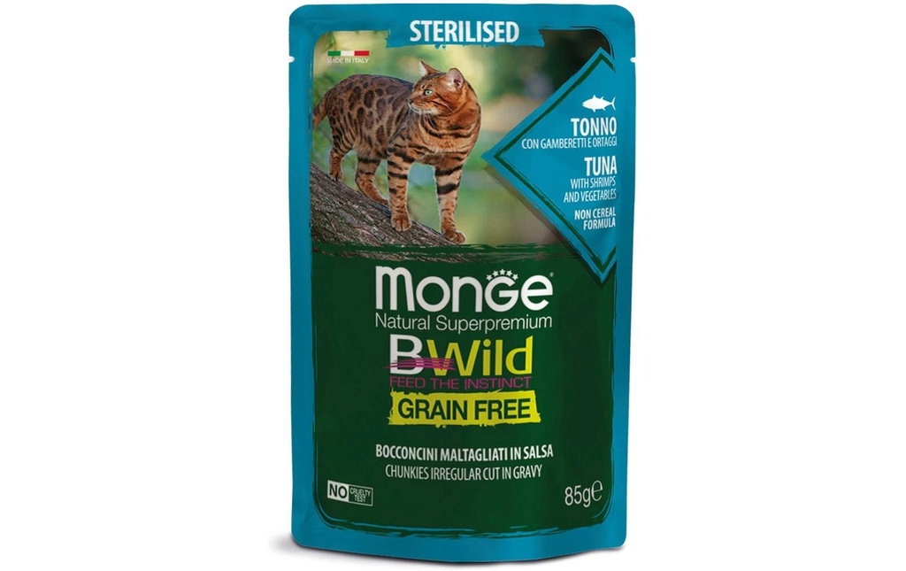 Monge Alimentation humide Chat Bwild GF Stérilisé Thon & Crevettes 85g