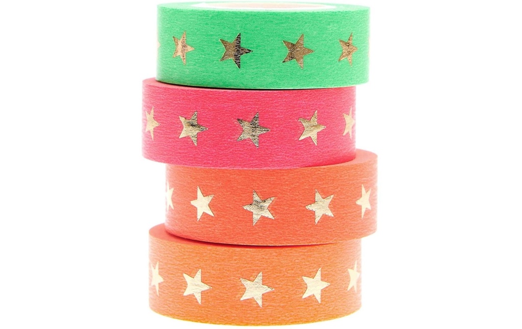 Rico Design Ruban Washi Étoiles 4 pièces, couleurs néon, 10 m