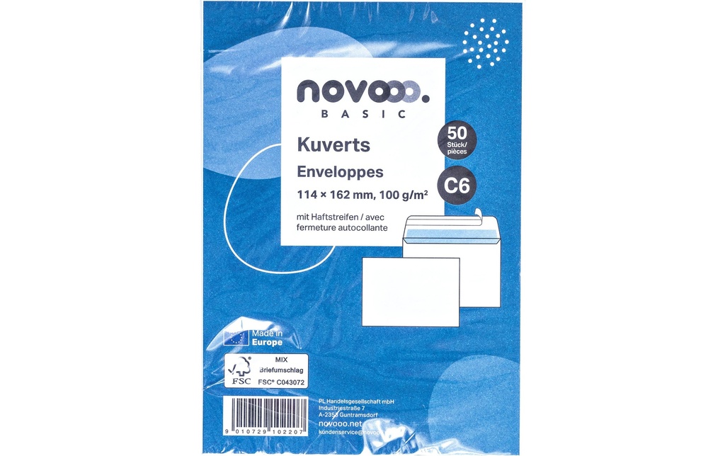 novooo. Enveloppe o/fenêtre C6 Blanc, 50 pièces