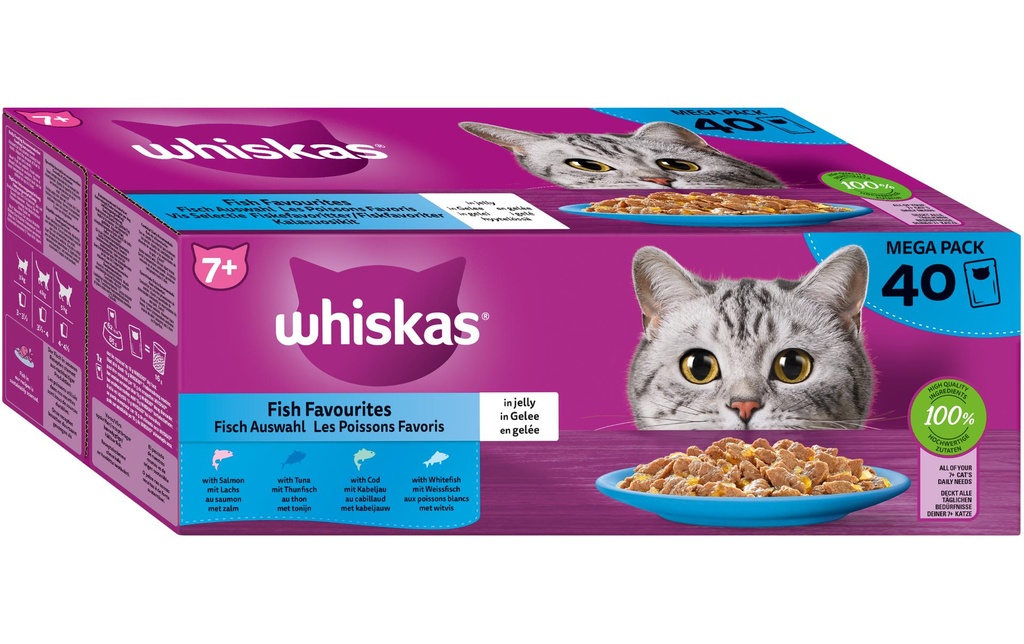 Whiskas Alimentation humide Sélection de poissons en gelée 7+, 40 x 85 g