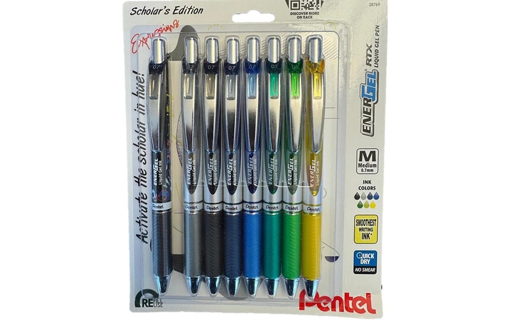 pentel Stylo à encre gel Scholar 0.7 mm, multicolore, 8 pièces