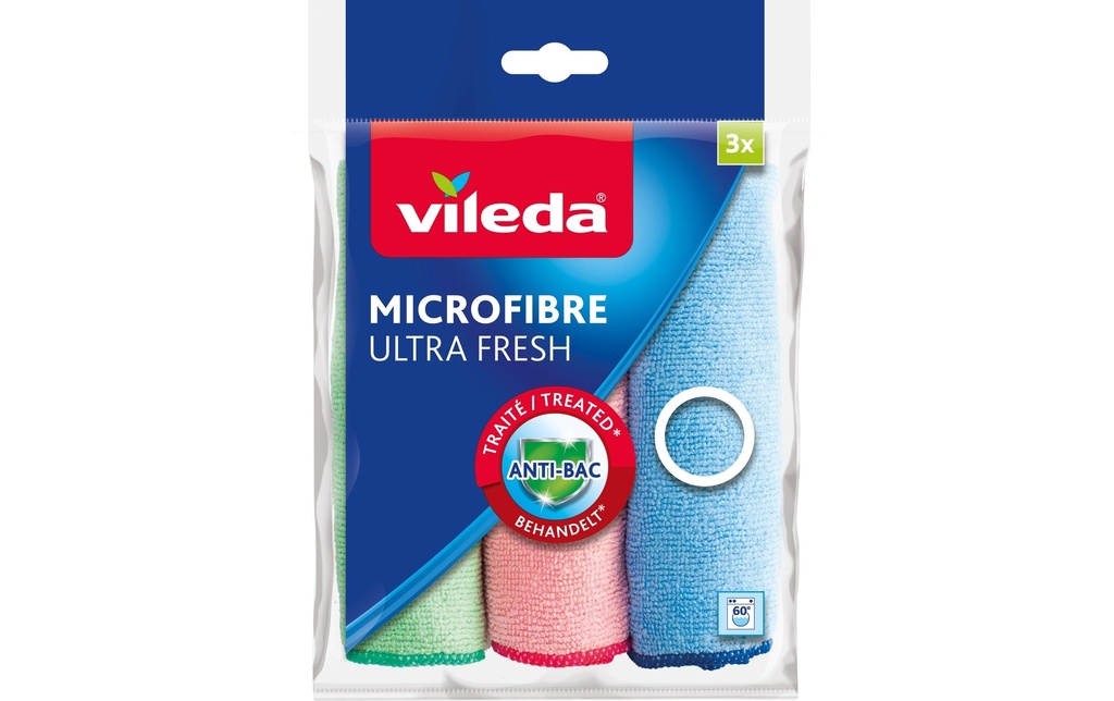 Vileda Chiffon de nettoyage en microfibre Ultra Fresh 3 Pièce/s, Bleu/Rouge/Vert