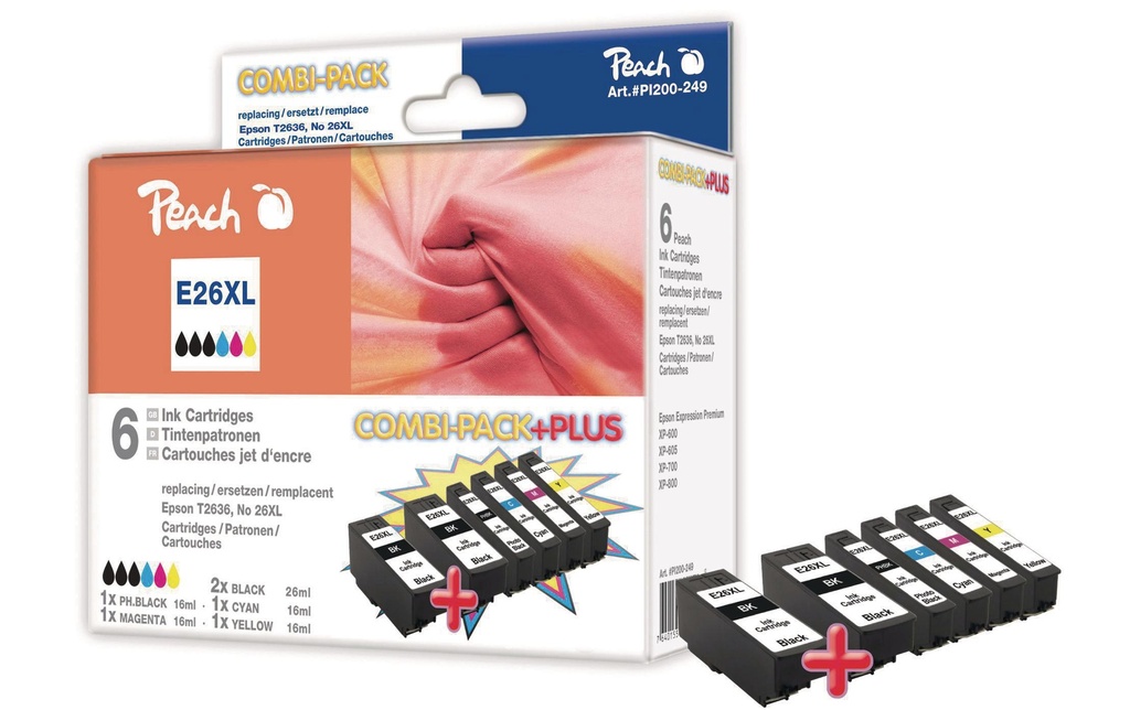 Peach Kits d’encre pour Epson No. 26XL / T2636 BK, C, M, Y