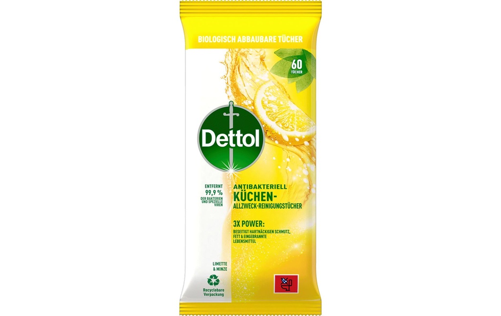 Dettol Lingettes nettoyantes universelles pour la cuisine Lime & Menthe 60 pièces