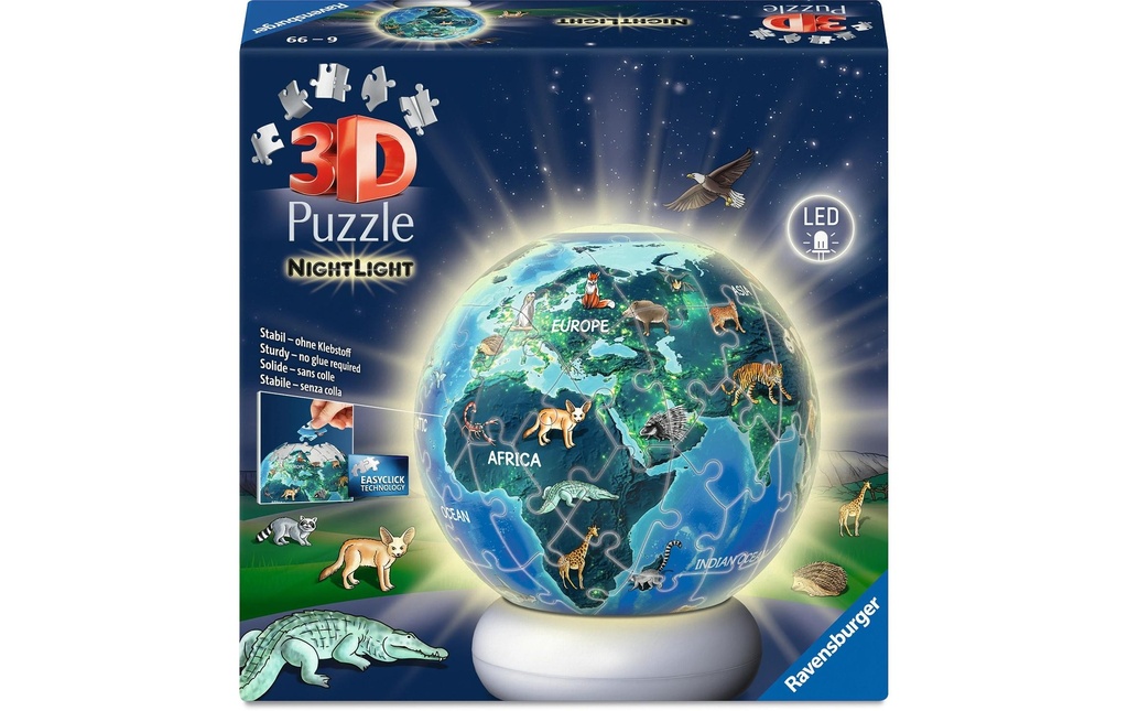 Ravensburger 3D Puzzle-Ball Veilleuse Terre avec motifs d'animaux