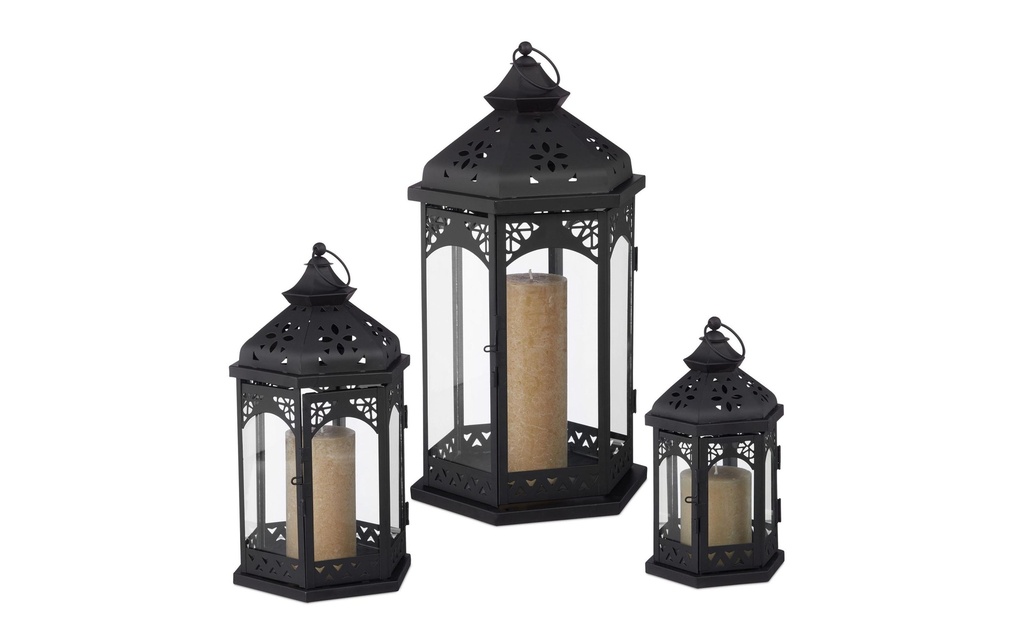 relaxdays Lanterne Oriental 3 pièces, 24.5 cm/33 cm/43 cm, Noir