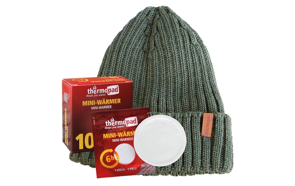 Thermopad multi BEANIE Mérinos avec 10 mini-chauffes - Olive