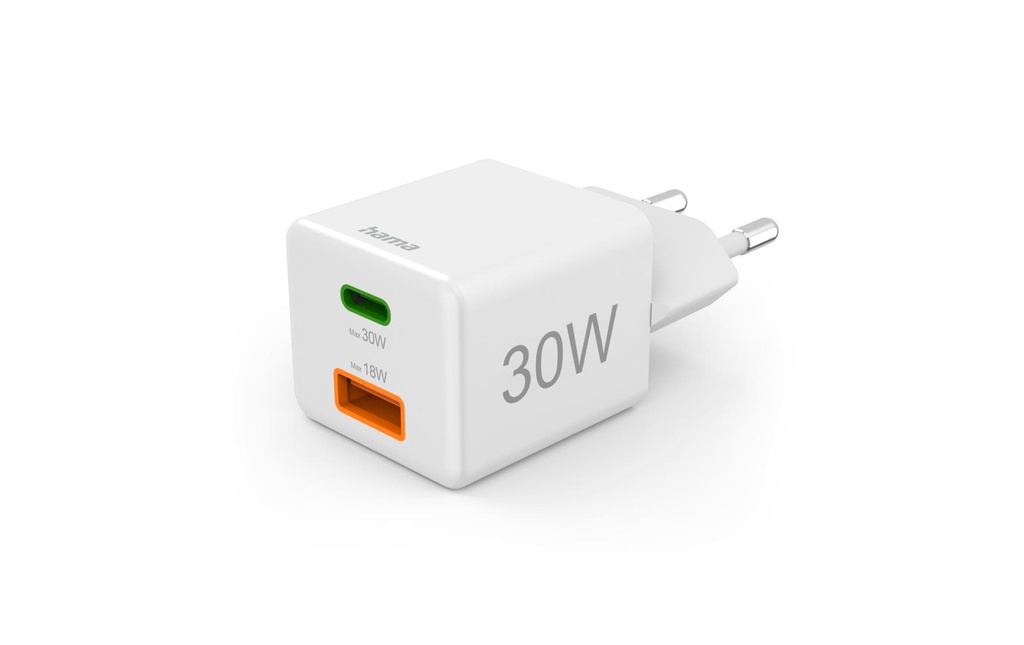 Hama Chargeur mural USB Gan charger USB-A USB-C 30 W Blanc