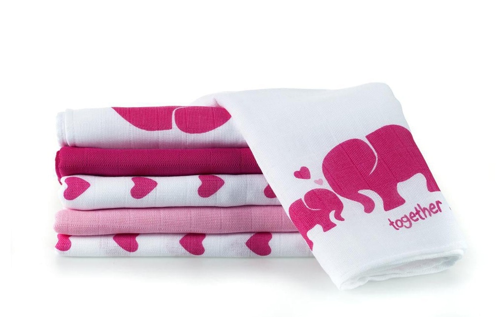MAKIAN Serviette en gaze 6-er Set 80 x 80 cm Eléphant rose et blanc, Coeur
