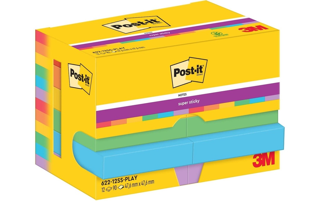 Post-it Fiche de bloc-notes Super Sticky 47 x 47 mm, Playful, 12 blocs