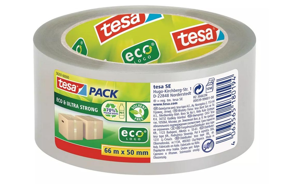tesa Ruban adhésif pour paquets Eco & Ultra Strong, 50 mm x 66 m, Transparent