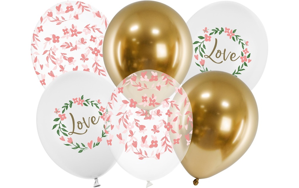 Partydeco Ballon de baudruche Love Doré/Blanc, Ø 30 cm, 6 pièces