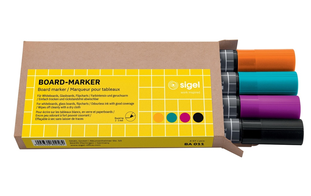 Sigel Marqueur pour tableau blanc 4 pièces, noir/turquoise/magenta/orange